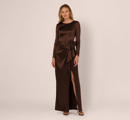 Long Sleeve Satin Bow Gown - Chocolate | Adrianna Papell