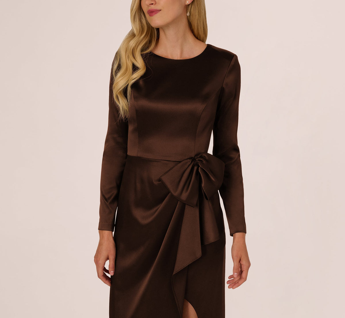 Long Sleeve Satin Bow Gown - Chocolate | Adrianna Papell
