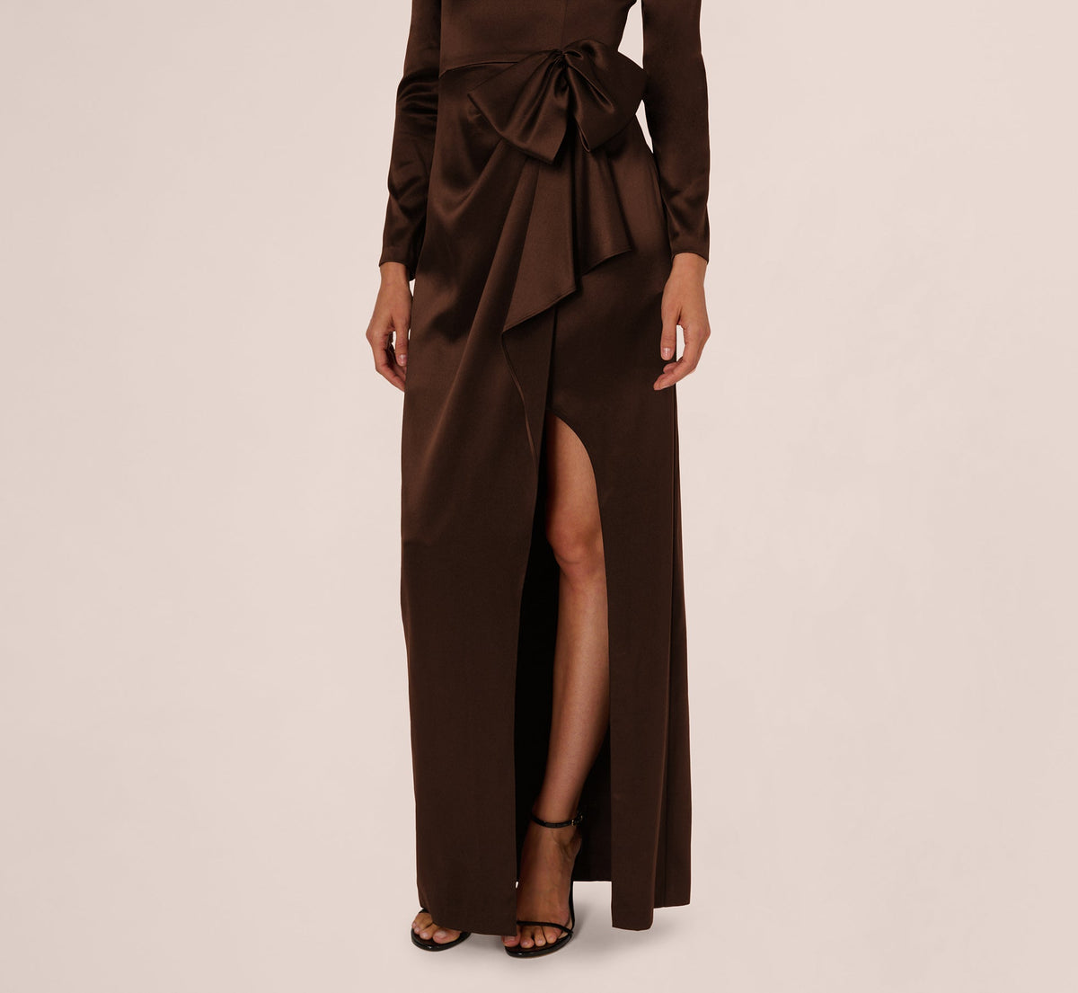 Long Sleeve Satin Bow Gown - Chocolate | Adrianna Papell