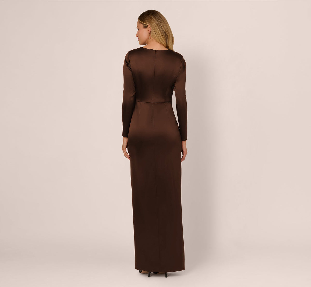 Long Sleeve Satin Bow Gown - Chocolate | Adrianna Papell