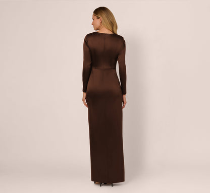 Long Sleeve Satin Bow Gown - Chocolate | Adrianna Papell