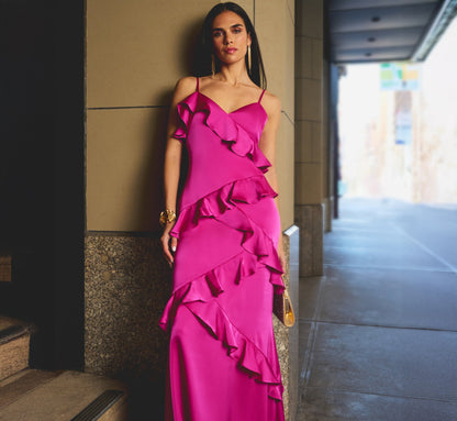 Satin Cascade Ruffle Slip Gown - Electric Passion | Adrianna Papell