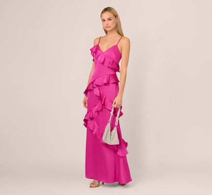Satin Cascade Ruffle Slip Gown - Electric Passion | Adrianna Papell