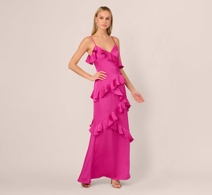 Satin Cascade Ruffle Slip Gown - Electric Passion | Adrianna Papell