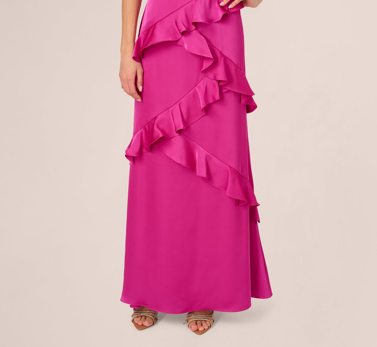 Satin Cascade Ruffle Slip Gown - Electric Passion | Adrianna Papell