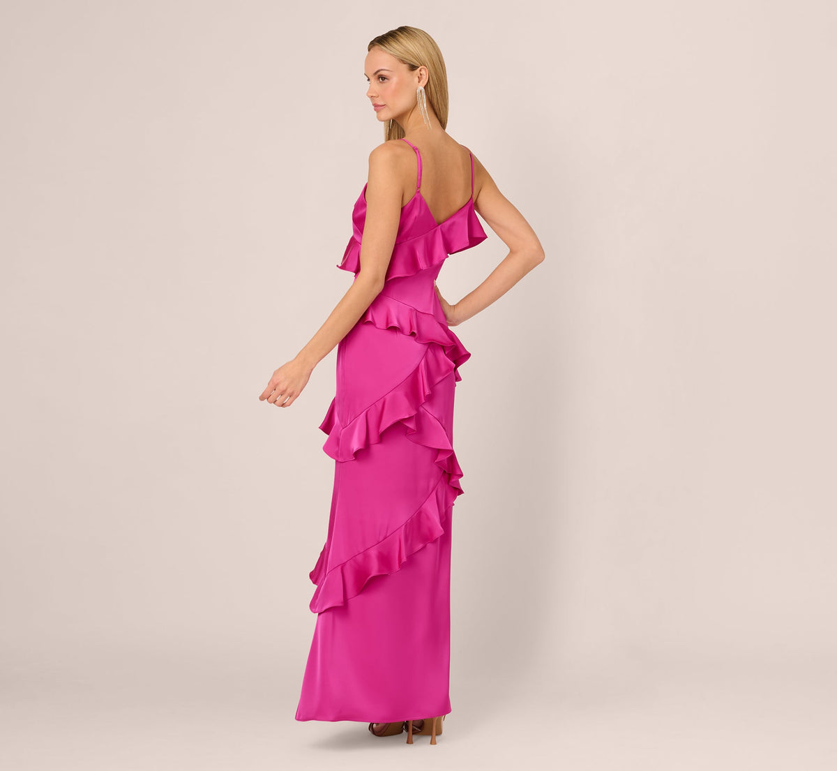 Satin Cascade Ruffle Slip Gown - Electric Passion | Adrianna Papell