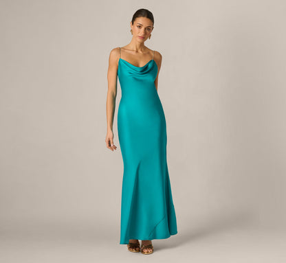 Stretch Satin Cross Back Cowl Neck Gown - Turquoise | Adrianna Papell