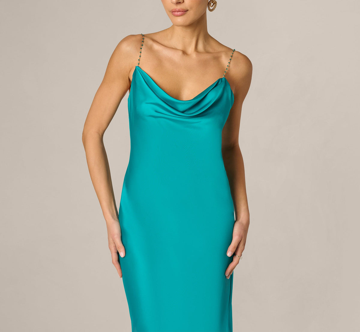Stretch Satin Cross Back Cowl Neck Gown - Turquoise | Adrianna Papell