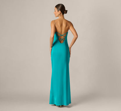 Stretch Satin Cross Back Cowl Neck Gown - Turquoise | Adrianna Papell