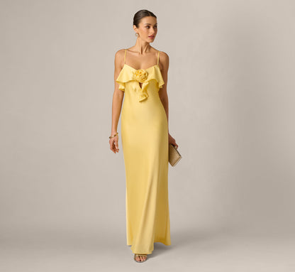 Stretch Satin Flounce Rosette Slip Gown - Butter Yellow | Adrianna Papell
