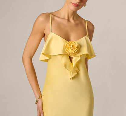 Stretch Satin Flounce Rosette Slip Gown - Butter Yellow | Adrianna Papell
