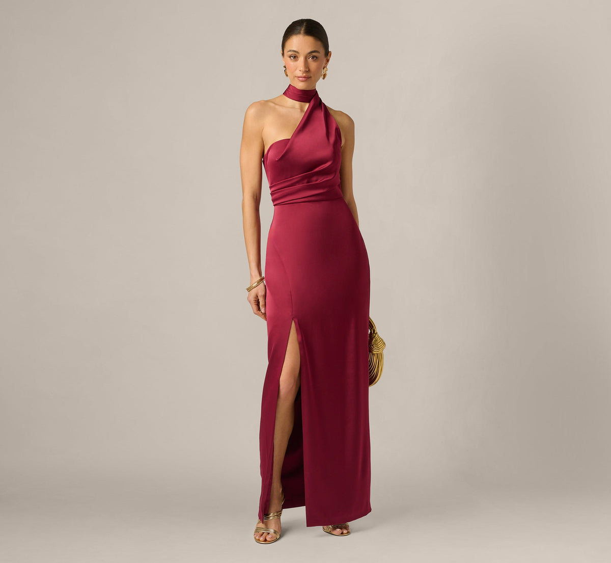 Stretch Satin Asymmetrical Halter Gown - Crimson Haze | Adrianna Papell