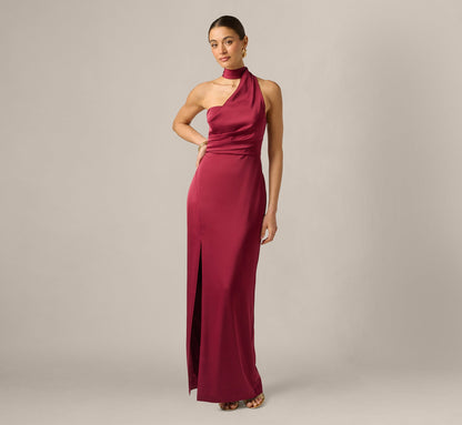Stretch Satin Asymmetrical Halter Gown - Crimson Haze | Adrianna Papell