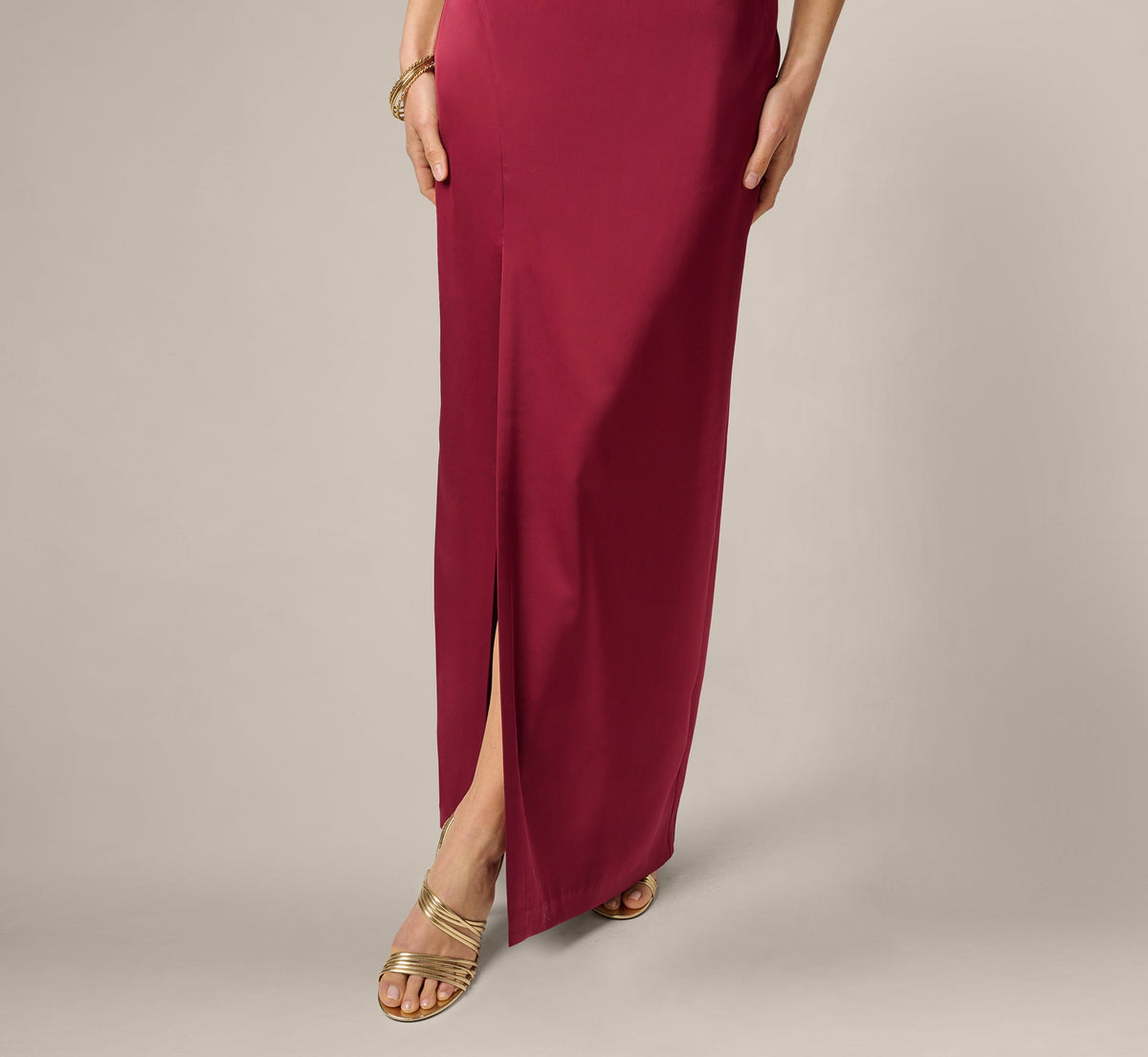 Stretch Satin Asymmetrical Halter Gown - Crimson Haze | Adrianna Papell