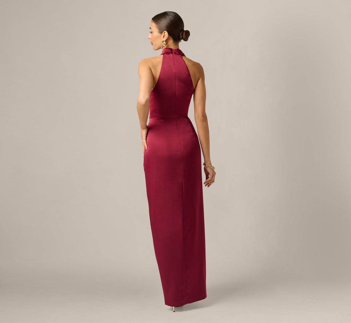 Stretch Satin Asymmetrical Halter Gown - Crimson Haze | Adrianna Papell