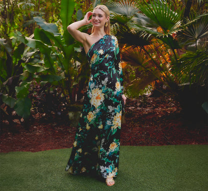 One Shoulder Long Sleeve Floral Satin Gown - Black Multi | Adrianna Papell