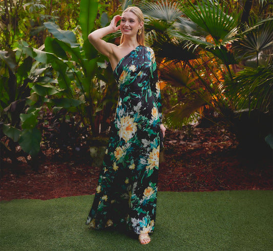 One Shoulder Long Sleeve Floral Satin Gown - Black Multi | Adrianna Papell