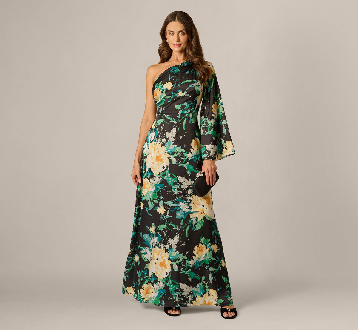 One Shoulder Long Sleeve Floral Satin Gown - Black Multi | Adrianna Papell