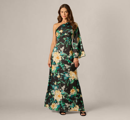 One Shoulder Long Sleeve Floral Satin Gown - Black Multi | Adrianna Papell