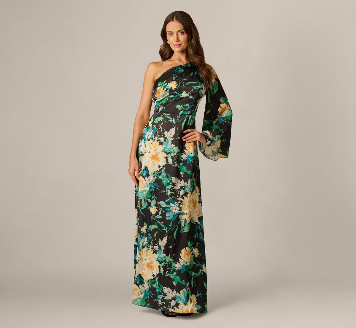 One Shoulder Long Sleeve Floral Satin Gown - Black Multi | Adrianna Papell