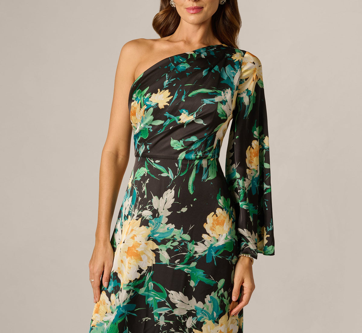One Shoulder Long Sleeve Floral Satin Gown - Black Multi | Adrianna Papell