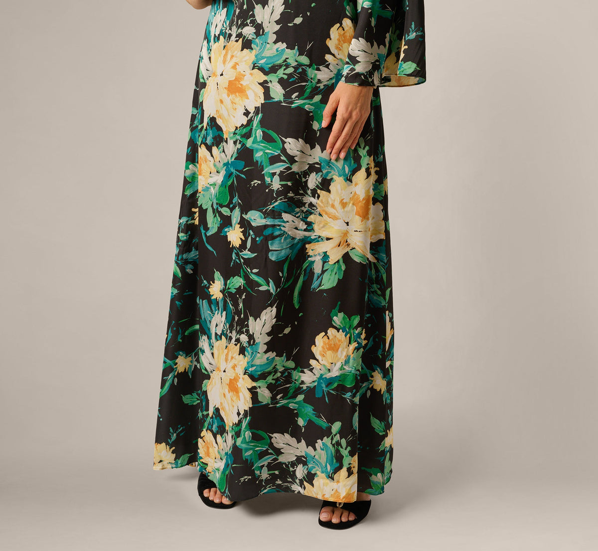 One Shoulder Long Sleeve Floral Satin Gown - Black Multi | Adrianna Papell