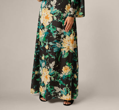 One Shoulder Long Sleeve Floral Satin Gown - Black Multi | Adrianna Papell
