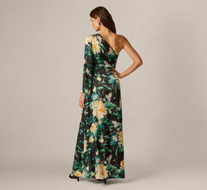 One Shoulder Long Sleeve Floral Satin Gown - Black Multi | Adrianna Papell