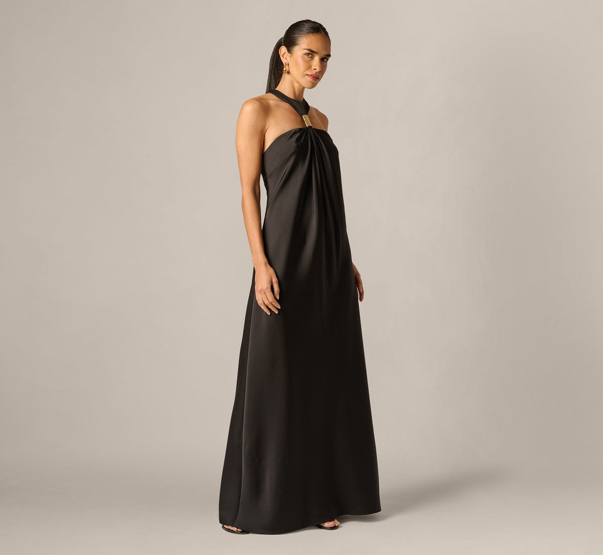 Stretch Satin Hardware Halter Collar Gown - Black | Adrianna Papell