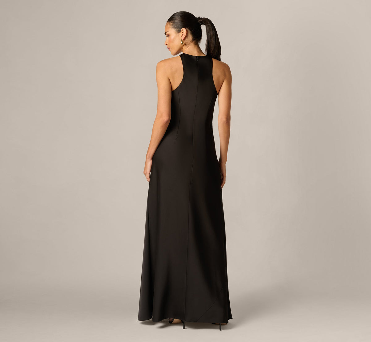 Stretch Satin Hardware Halter Collar Gown - Black | Adrianna Papell
