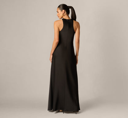 Stretch Satin Hardware Halter Collar Gown - Black | Adrianna Papell