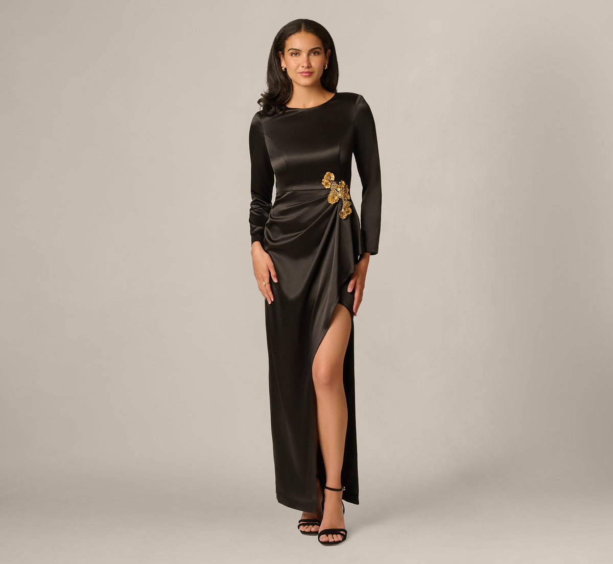 Long Sleeve Stretch Satin Beaded Drape Gown - Black | Adrianna Papell