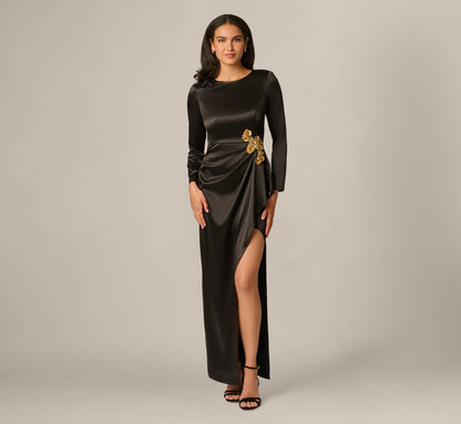 Long Sleeve Stretch Satin Beaded Drape Gown - Black | Adrianna Papell