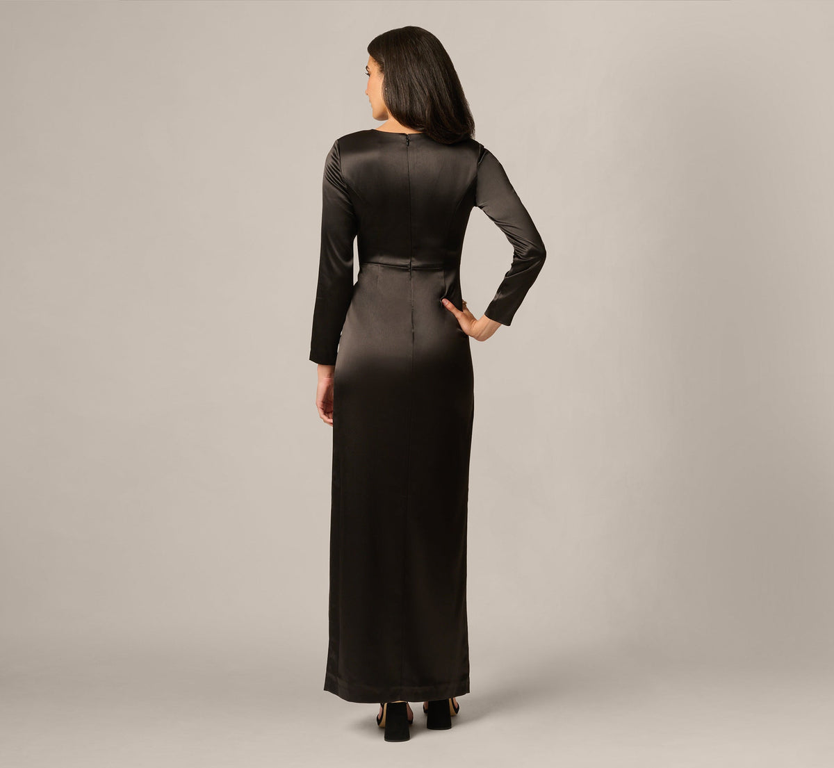 Long Sleeve Stretch Satin Beaded Drape Gown - Black | Adrianna Papell