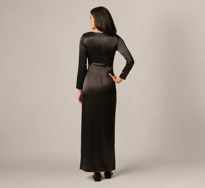 Long Sleeve Stretch Satin Beaded Drape Gown - Black | Adrianna Papell