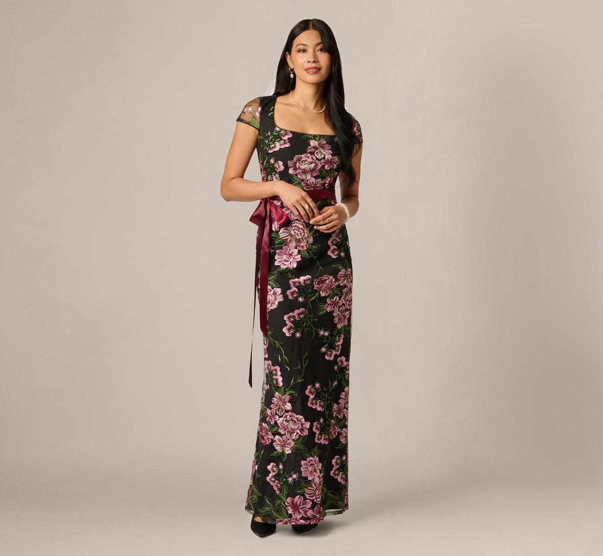 Cap Sleeve Square Neck Floral Embroidered Gown - Black Multi | Adrianna Papell