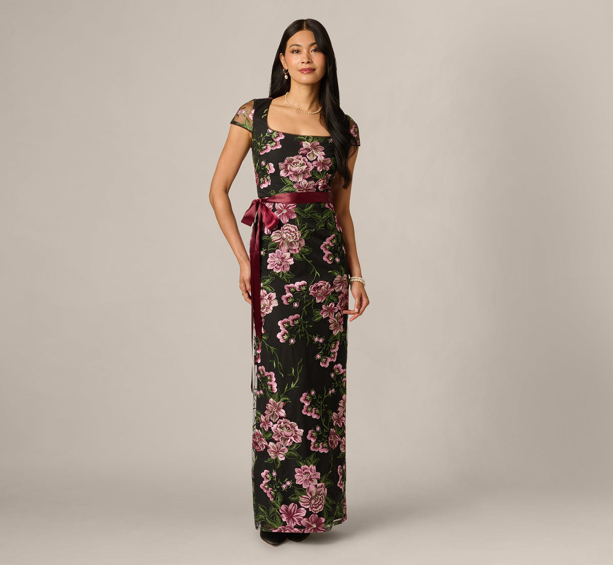 Cap Sleeve Square Neck Floral Embroidered Gown - Black Multi | Adrianna Papell