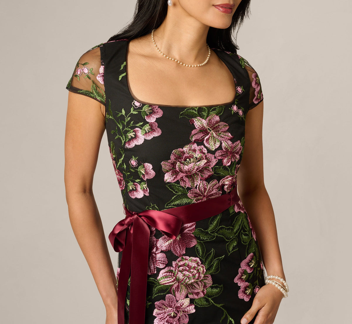 Cap Sleeve Square Neck Floral Embroidered Gown - Black Multi | Adrianna Papell