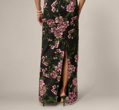 Cap Sleeve Square Neck Floral Embroidered Gown - Black Multi | Adrianna Papell