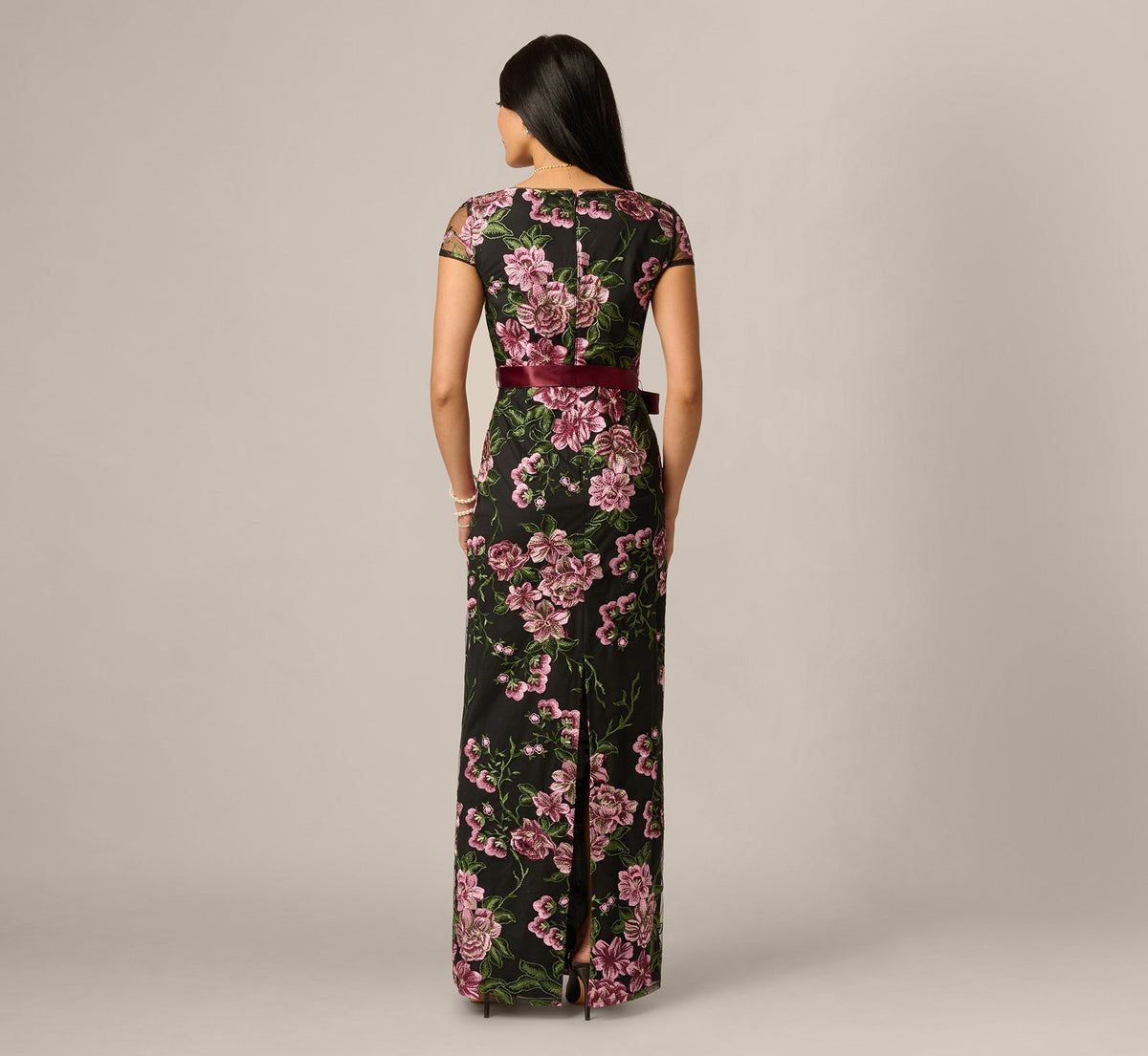 Cap Sleeve Square Neck Floral Embroidered Gown - Black Multi | Adrianna Papell