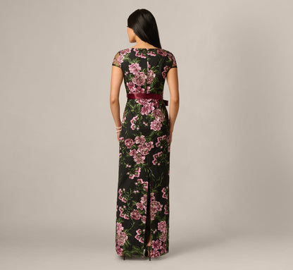 Cap Sleeve Square Neck Floral Embroidered Gown - Black Multi | Adrianna Papell