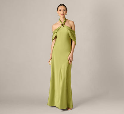Satin Draped Shawl Halter Gown - Fern | Adrianna Papell