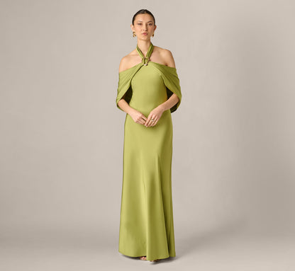 Satin Draped Shawl Halter Gown - Fern | Adrianna Papell