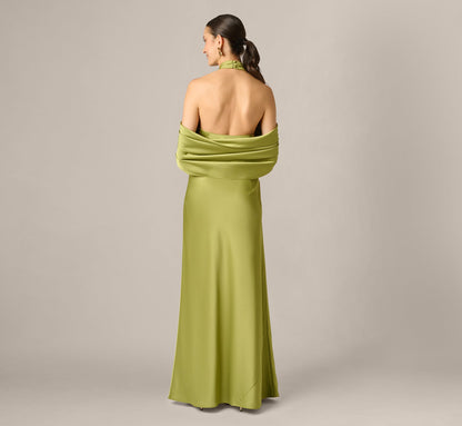 Satin Draped Shawl Halter Gown - Fern | Adrianna Papell