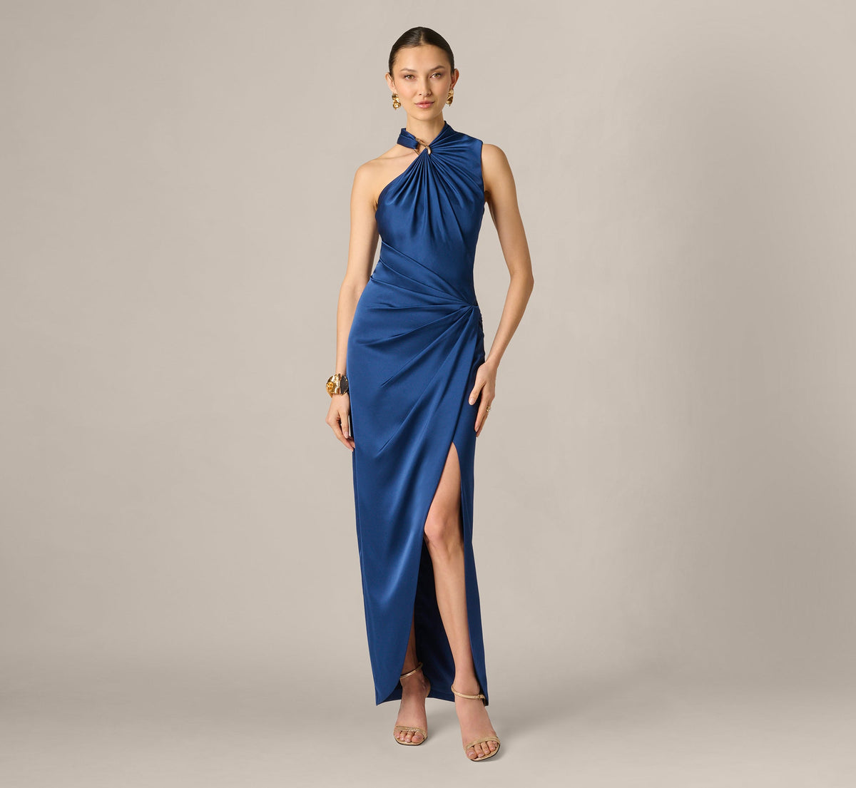 Satin Asymmetrical Draped Hardware Halter Gown - Navy | Adrianna Papell