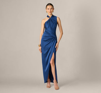 Satin Asymmetrical Draped Hardware Halter Gown - Navy | Adrianna Papell