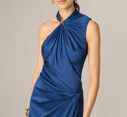 Satin Asymmetrical Draped Hardware Halter Gown - Navy | Adrianna Papell