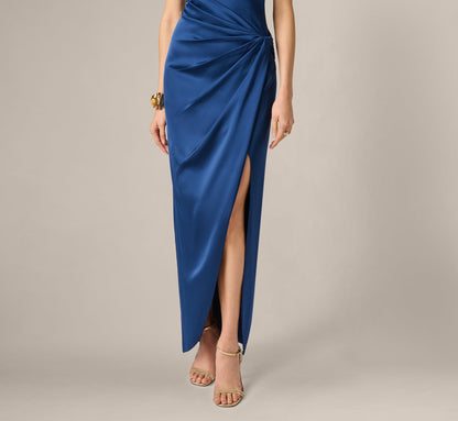 Satin Asymmetrical Draped Hardware Halter Gown - Navy | Adrianna Papell