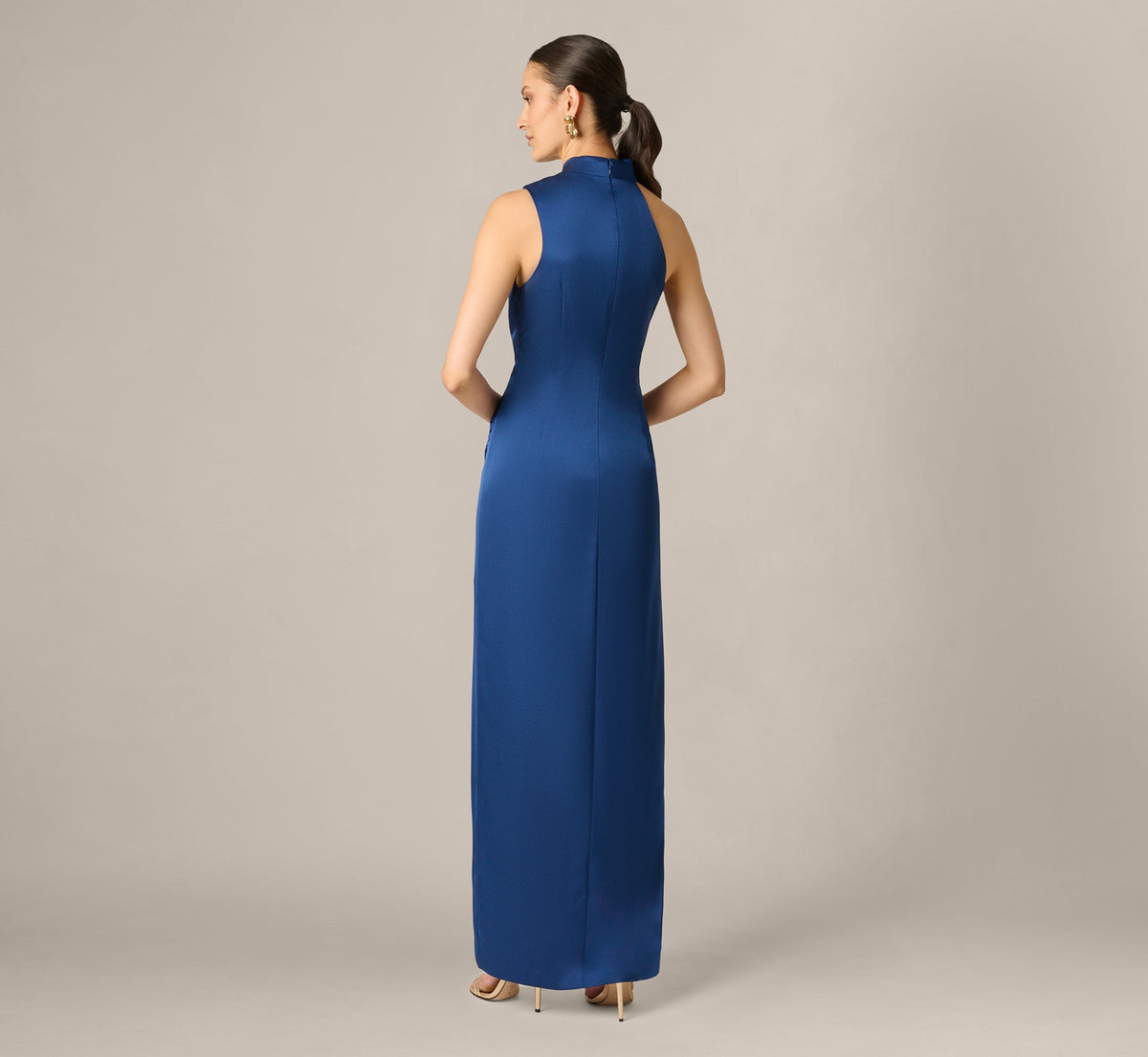 Satin Asymmetrical Draped Hardware Halter Gown - Navy | Adrianna Papell