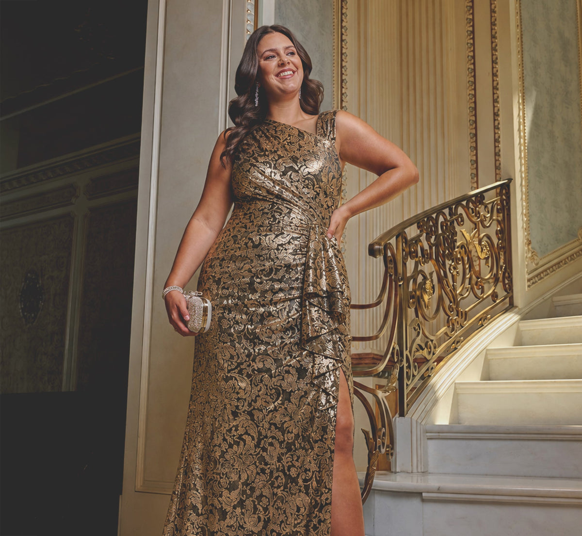 Plus Size Sleeveless Asymmetrical Damask Metallic Gown - Chocolate | Adrianna Papell